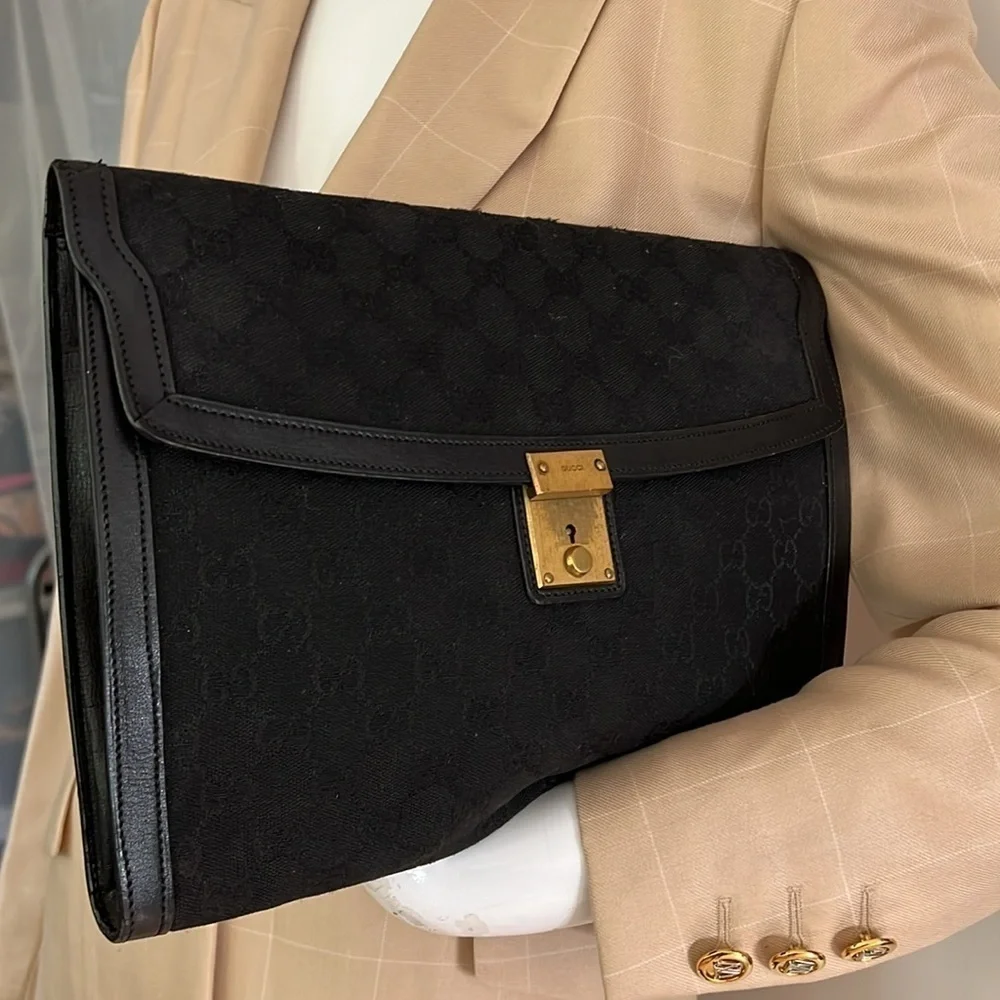 Gucci Black Logo Canvas and Leather Envelope Clutch Bag